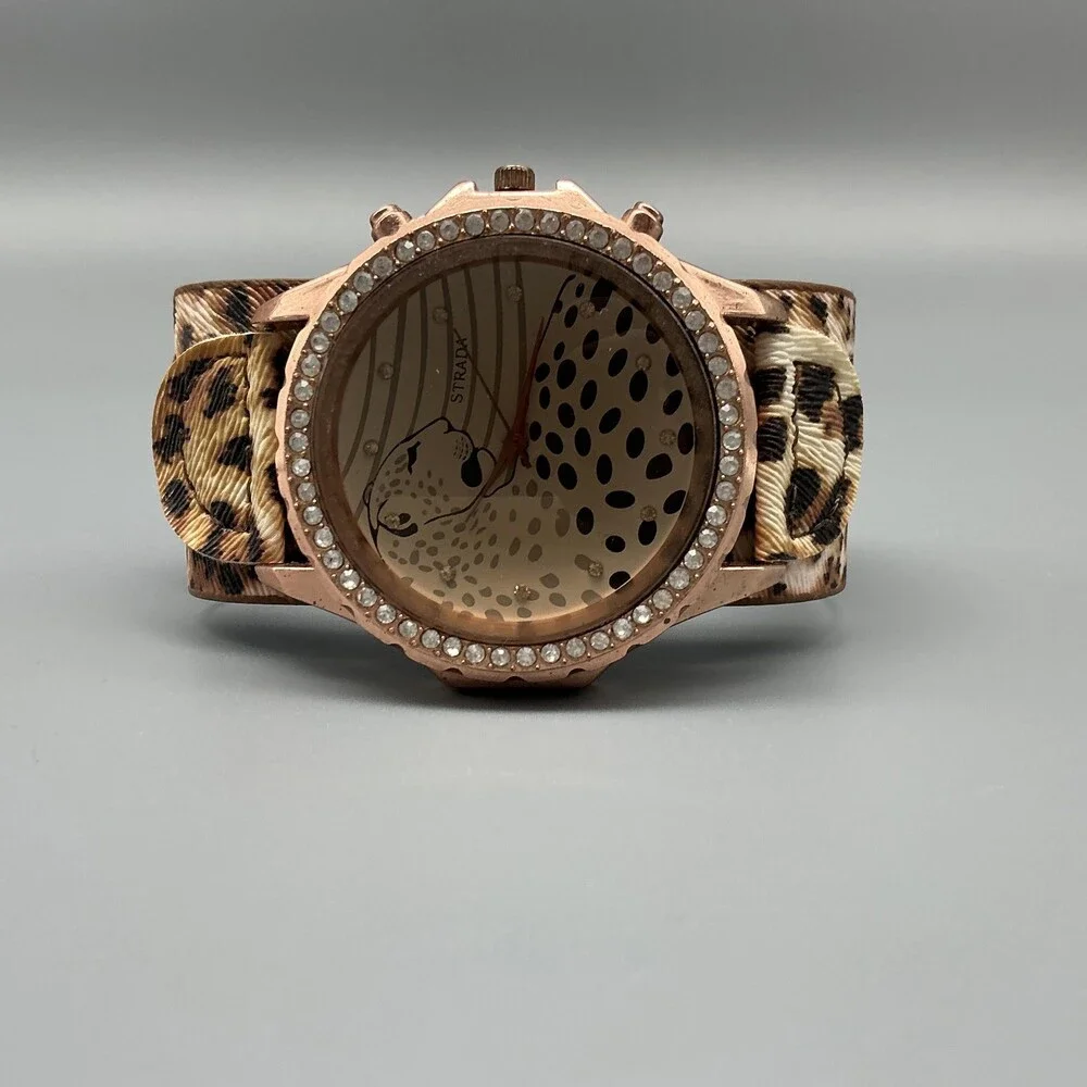 Strada Womens Watch 45mm Rose Gold Tone Cheetah Dial Leopard Strap New Battery